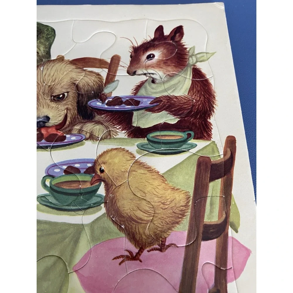 VTG Playskool Golden Press Animals at Table Cardboard Frame Tray Puzzle 80-9A